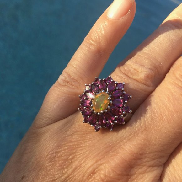 Genuine Opal & Garnet Halo Ring .925 Sterling Silver Natural Gemstones Sz 5 or 7 - Picture 3 of 16